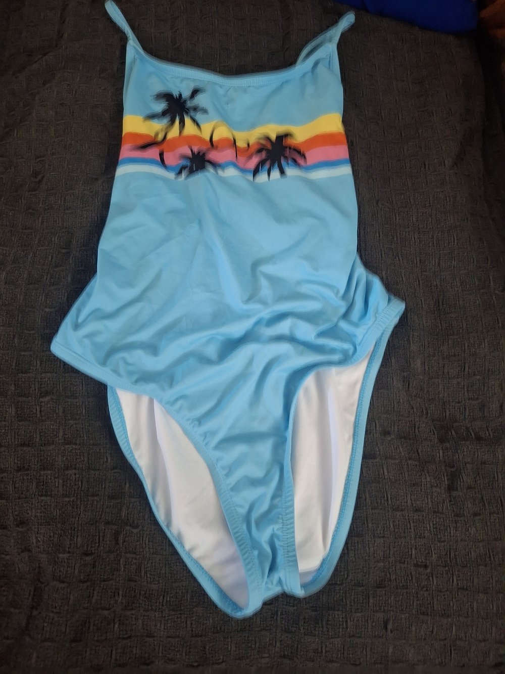 OP Blue One-Piece Swimsuit with Sunset Stripe and Palm Silhouettes